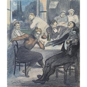 STEINLEN Théophile Alexandre (1859-1923)"Concert nocturne" Dessin/Crayons noir & couleurs,Signé
