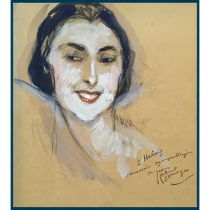 DOMERGUE Jean-Gabriel (1889-1962) Pt-cousin DE TOULOUSE-LAUTREC"Tête d'élégante"Aquarelle,Signé