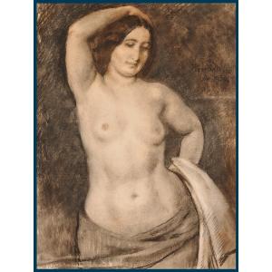 Besnard Paul Albert (1849-1934) "female Nude" Large Drawing/black Pencil, White Chalk, Signed, Dated
