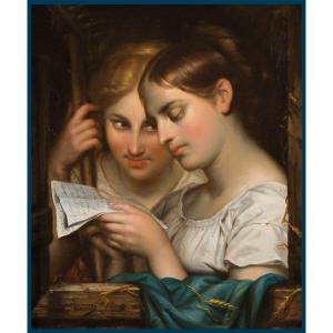 LEONARDI Achille (1800-1870) "La lecture de la lettre" Huile sur toile, Signé, Cadre du 19e