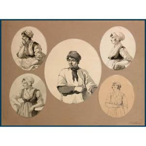 Schotel Johannes Christiaan (1787-1838) "five Portraits Of Man And Women" Drawings, Pen & Wash