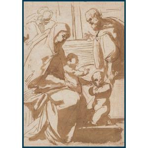 Italian School Late 16th Century "the Holy Family" Drawing, Pen And Wash