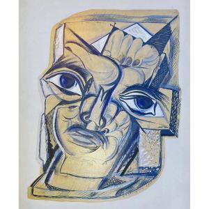 Waroquier De Henry (1881-1970) "head" Drawing/ink And Gouache, Signed, Monogrammed And Dated