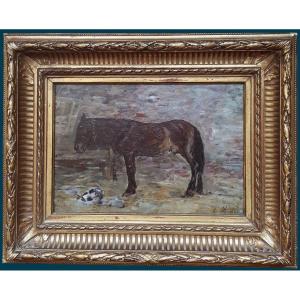Boudin Eugène (1824-1898) "a Horse" Oil On Panel, Signed, 19th Century Frame
