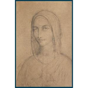 JANMOT Louis (1814-1892), Elève d'INGRES "Tête de Sainte femme" Dessin au crayon noir, Signé