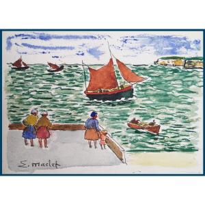 MACLET Elisée (1881-1962) Peintre/Montmartre, Art/UTRILLO" Les Sables d'Olonne" Aquarelle,Signé