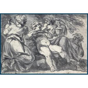 Italian School 18th Century "bacchus" Gray Wash Drawing