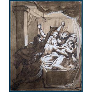 Detouche Paul Emile (1794-1874) "the Assassination" Pen Drawing, Brown Wash And White Gouache