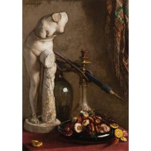 Pollet Jules (1870-1941) Ecole Belge "nature Morte Au Narguilé" Huile Sur Toile, Signé, Cadre