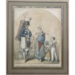 OPITZ Georg Emanuel(1775-1841)"Marchand de coco, boulevard à Paris"Dessin/Crayon noir,Aquarelle