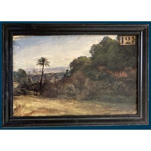 Janmot Louis (1814-1892) "algerian Landscape" Oil On Cardboard, On The Back/sale Stamp