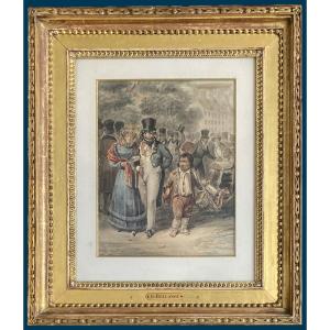 Bellangé Hippolyte (1800-1866) "Scène de rue" Dessin/Aquarelle, Signé et daté, Beau cadre 19e