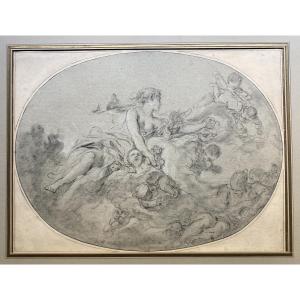 BOUCHER François(1703-1770)"Le lever de l'Aurore" Dessin Authentique/Pierre noire, Annoté,Cadre