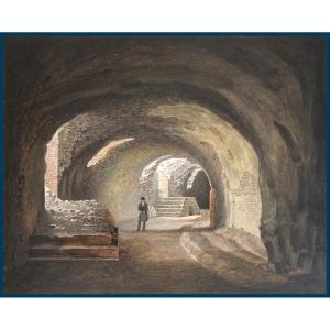French School Circa 1820 "man In A Cave" Watercolor Drawing