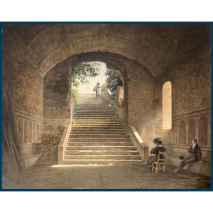 French School Circa 1820 "figures And Staircase" Watercolor Drawing