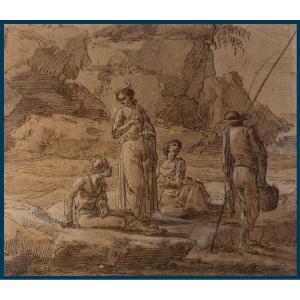 VERNET Joseph (1714-1789) Attribué à, "Personnages et pêcheur" Dessin/ Plume et lavis brun