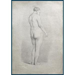Cochin Charles-nicolas (1715-1790) "standing Nude From Behind" Drawing/black Chalk,signed,frame