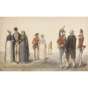 Lanté Louis Marie (1789-1871) "Les nouveaux débarqués 2" Dessin/Plume,aquarelle,Collect. SARDOU