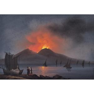 ECOLE ITALIENNE 19E SIECLE "Eruption de 1867" Gouache
