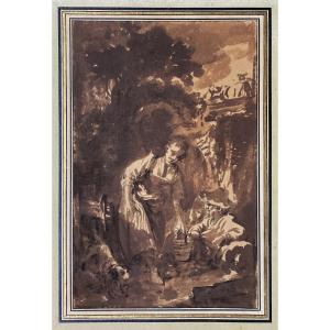 BOUCHER François(1703-1770)"Personnages & chien"Dessin/lavis brun,Provenance/Authenticité,Cadre