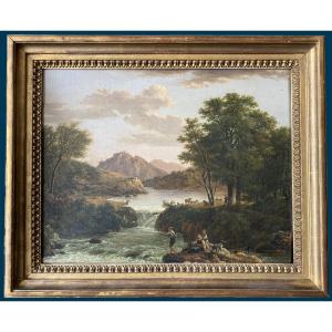 BIDAULD Jean-Pierre (1745-1813) "Paysage animé à la rivière" Huile sur toile, Signé, Cadre