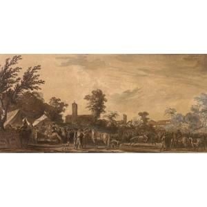 ECOLE FRANCAISE 18E SIECLE "Personnages et chevaux" Dessin/Plume,lavis brun et réhauts de blanc