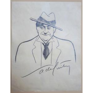 GUITRY Sacha (1885-1957) "Autoportrait" Dessin au crayon noir, Signé, Cadre du 19e siècle