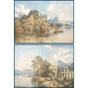 Cassas Louis-françois (1756-1827)  2 Watercolors "women By A Shore" And "turbaned Men"