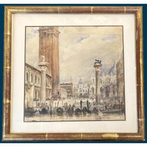 Garrez Pierre-joseph (1802-1852) "place St Marc, Venice" Watercolor, Signed