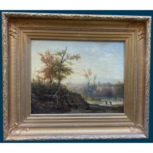 RICHARD Théodore (1782-1859) "Paysage animé" Huile sur toile, signé et daté
