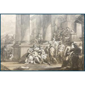 French School Late 18th Century "the Death Of Lucretia" Pen Drawing, Ink Wash And White Gouache