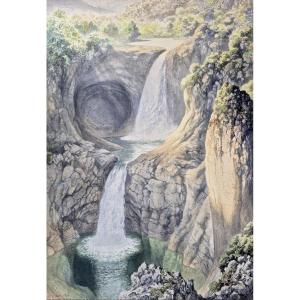 Léon Jim (1938-2002) "landscape With Waterfall And River" Drawing/watercolor, Signed And Dated