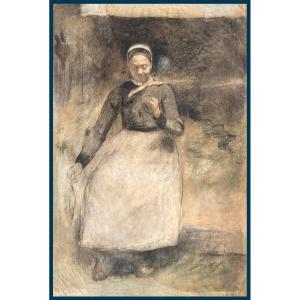 MILCENDEAU Charles (1872-1919) "Femme à l'ouvrage" Dessin/Crayon noir, pastel, signé et daté