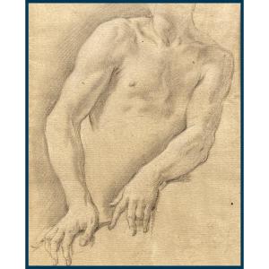 ECOLE FRANCAISE 18E SIECLE "Torse et bras" Dessin à la pierre noire, Cadre bois doré époque 18e