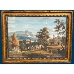 RICCI Marco (1676-1729) "Scène de Procession" Dessin/Gouache, Cadre fin 18e-début 19e siècle