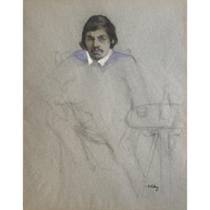Vollon Antoine (1833-1900) "portrait Of A Man" Drawing/black Pencil And Watercolor, Signed