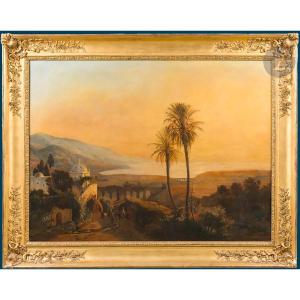 ECOLE FRANCAISE VERS 1830 "Paysage oriental, possiblement baie de Jounieh au Liban" Huile/toile