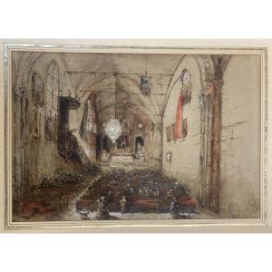 ECOLE FRANCAISE VERS 1830 "Intérieur d'une église"Dessin/Lavis brun et aquarelle, annoté au dos