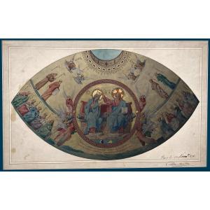 DOUILLARD Alexis (1835-1905) "Le Christ et des Saints" Dessin à l'aquarelle, signé et daté