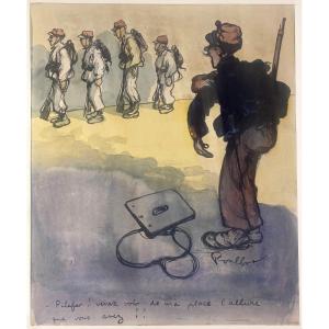 Poulbot, Francisque (1879–1946) “militaires” Watercolor And India Ink Drawing, Signed