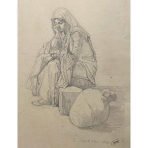 MONTFORT Antoine Philippe (1802-1884) "Femme assise à Beyrouth" Dessin/Crayon noir,Signé, situé