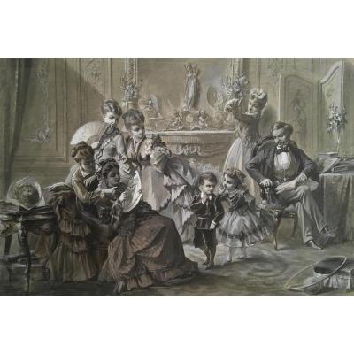 "the Family" Hippolyte Lecoultre, Drawing, Ink Wash And White Gouache