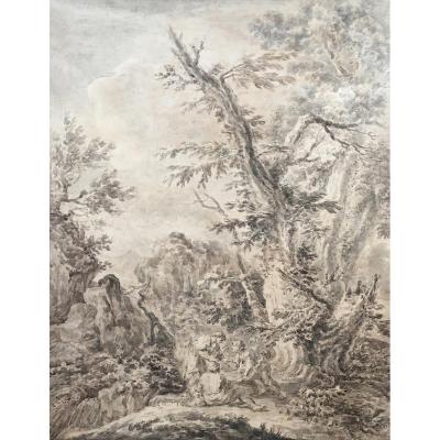 ECOLE ITALIENNE 18E "Paysage animé" Dessin, plume et lavis gris