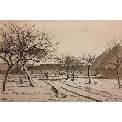 Millet Jean-baptiste "landscape With A Farm" Drawing Pen And Brown Wash, Signed