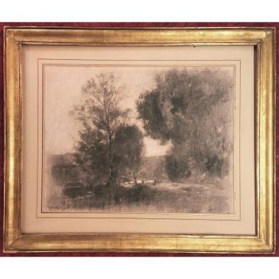 Lebourg Albert, School Of Rouen "landscape" Drawing In Black Pencil And White Chalk, Signed