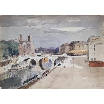Le Senechal De Kerdreoret Gustave Edouard (1840-1920) "view Of Paris" Watercolor, Signed