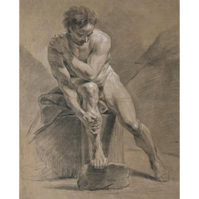 French School 18th "academy Of A Seated Man" Drawing / Black Chalk And White Chalk