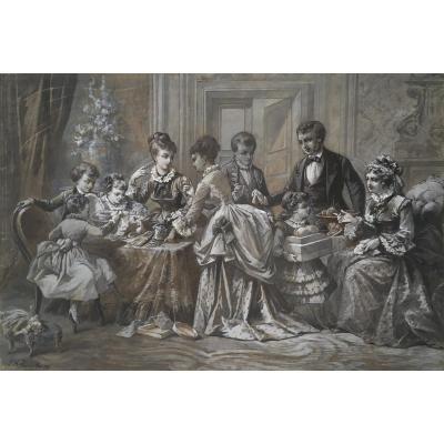 Lecoultre Hippolyte (1840-1914) "the Family" Drawing / Pen, Gray Wash, White Gouache, Signed