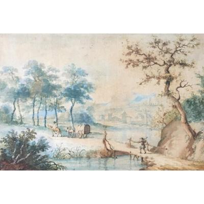 Flemish School 17th "animated Landscape" Pen And Watercolor Drawing
