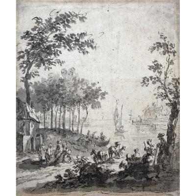 ECOLE DU NORD 18E "Paysage à la rivière" Dessin/Plume, lavis gris